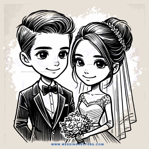 a bride and groom in wedding attire with bouquet