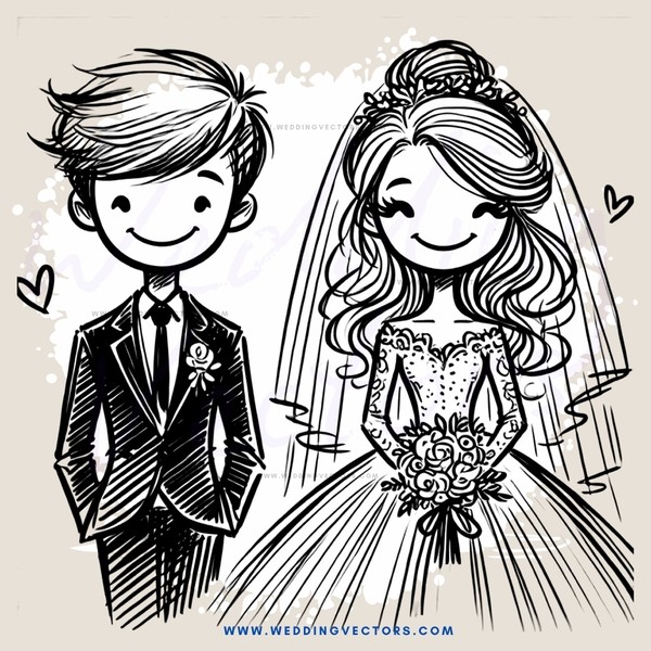 a bride and groom in wedding attire