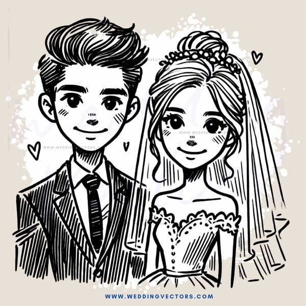 a bride and groom in black and white line drawing