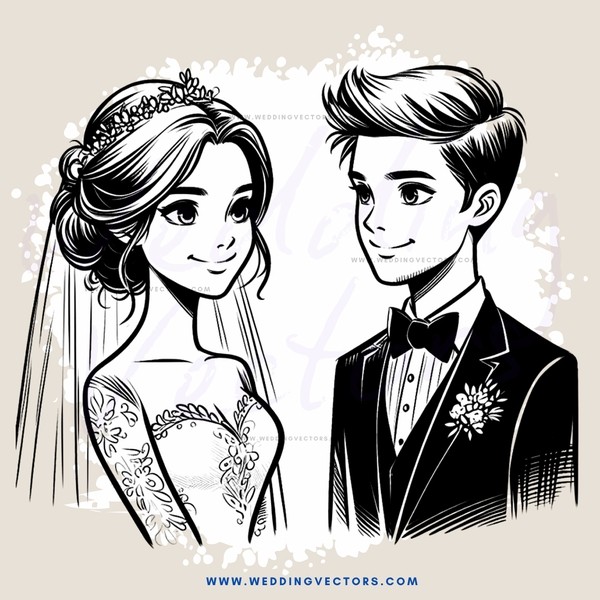 bride and groom in wedding suits