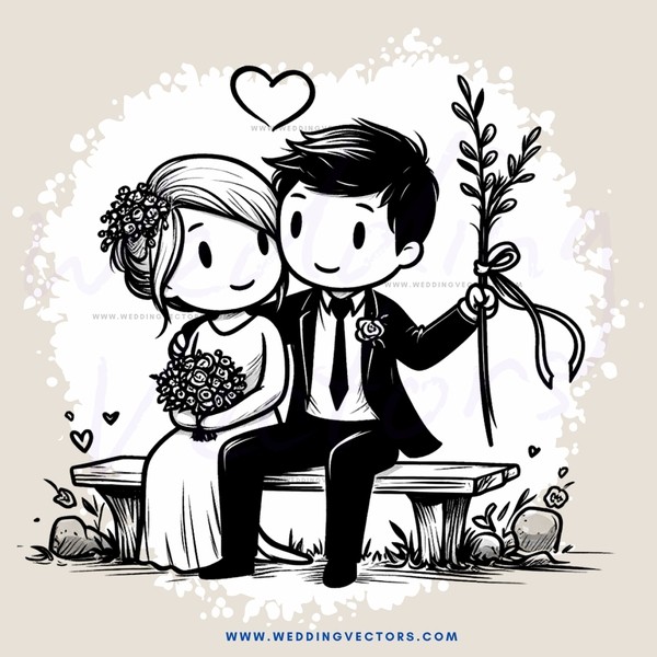 a newlywed couple on a bench