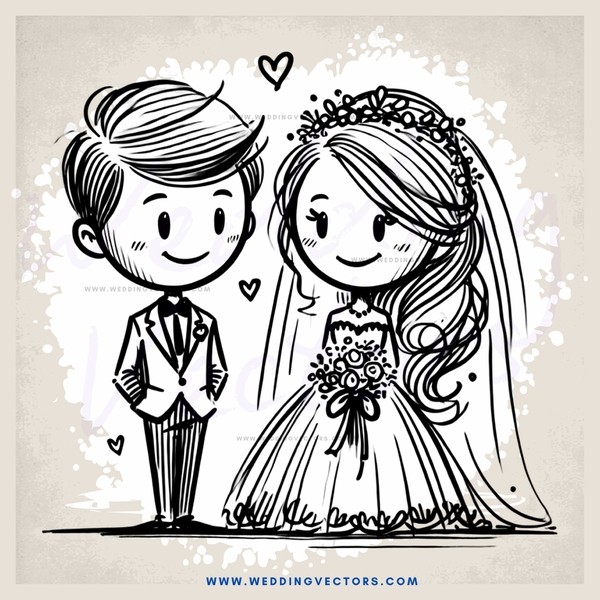 wedding couple portrait in black and white line art style