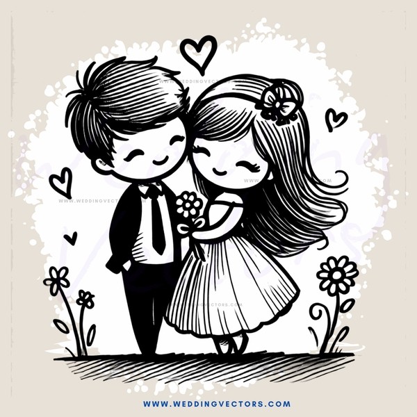 a cartoon drawing of two people standing together with flowers and love hearts