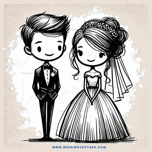wedding couple cartoon illustration in black and white
