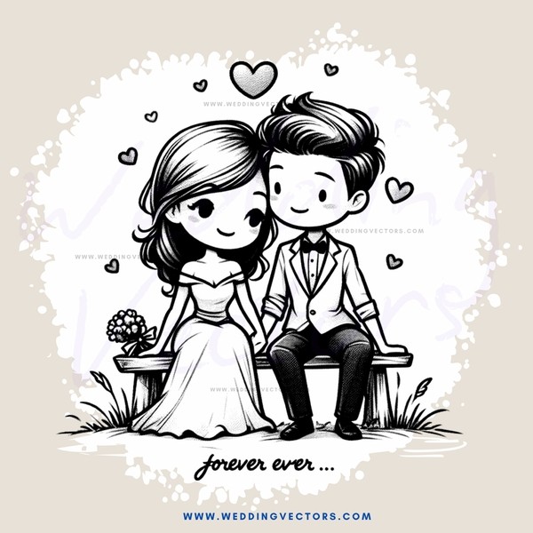 a couple sitting on a bench with hearts and flowers around them