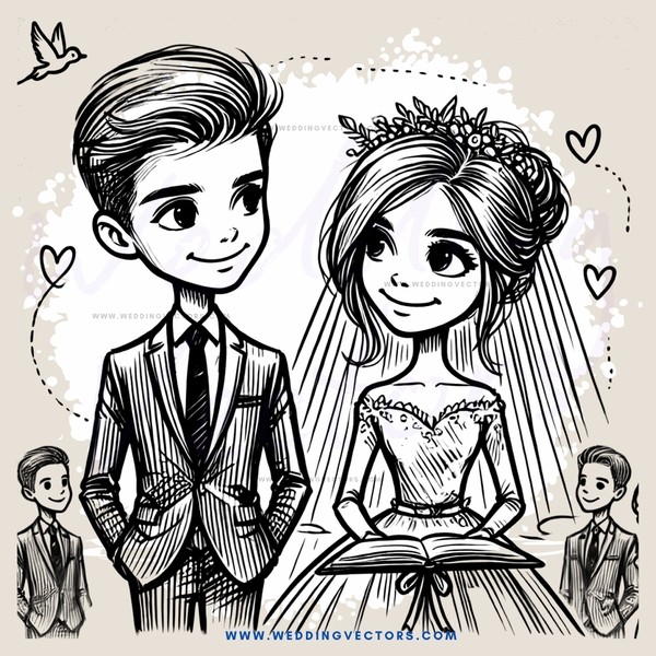 a bride and groom with their children