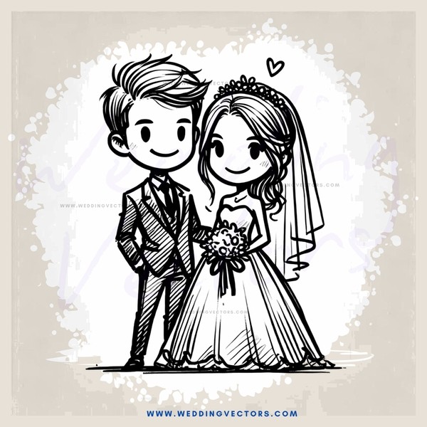 groom and bride cartoon image in black and white