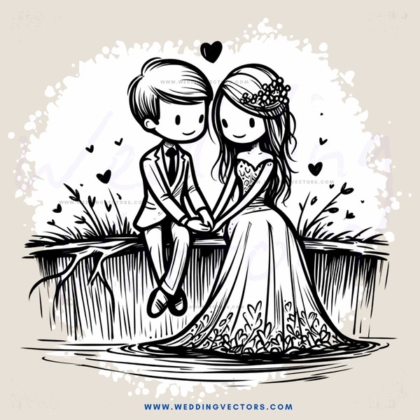 the groom and bride are sitting on a wall