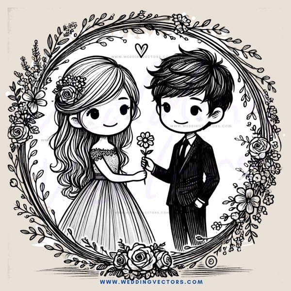 a couple in an oval frame with flowers and leaves