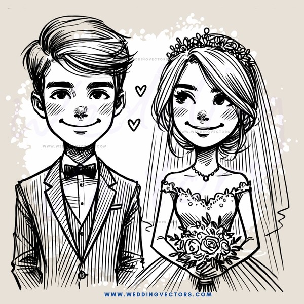 a bride and groom with hearts drawn around them