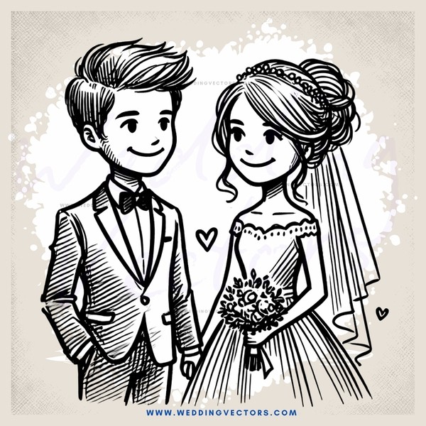wedding bride and groom drawing in black and white