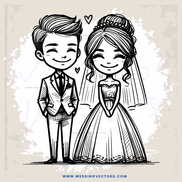 a bride and groom in black and white cartoon style