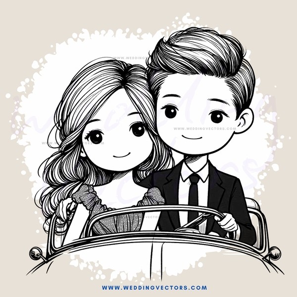 a cartoon boy and girl in a car together