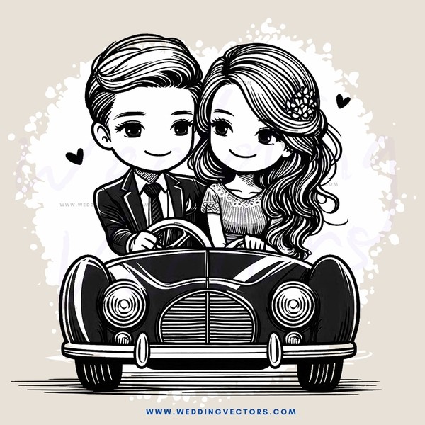 a couple driving in a vintage car