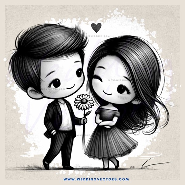 a cartoon of two people walking and holding flowers
