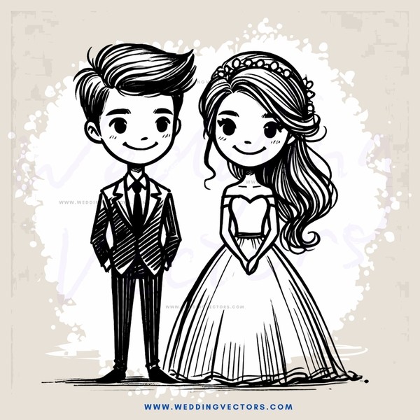clip art - wedding couple - black and white