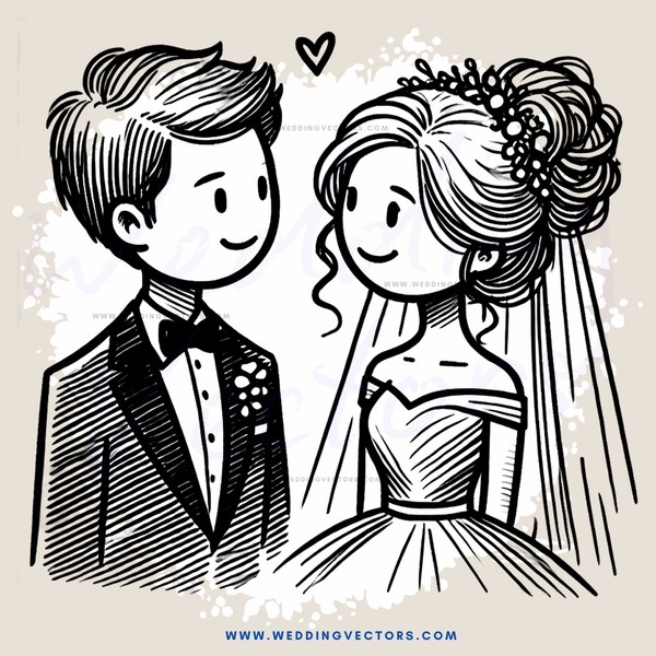 bride and groom cartoon picture with hearts on it