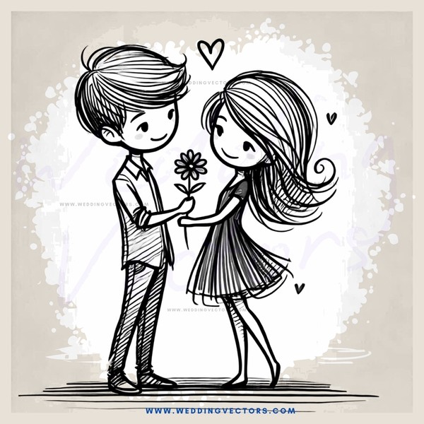 a boy and girl holding hands and flowers