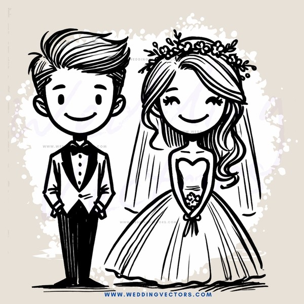 groom and bride in black and white cartoon