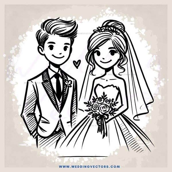 a bride and groom in tuxedos