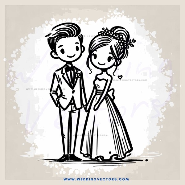 wedding couple in black and white drawing