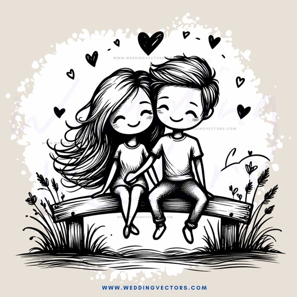 a couple sitting on a bench with flowers behind them
