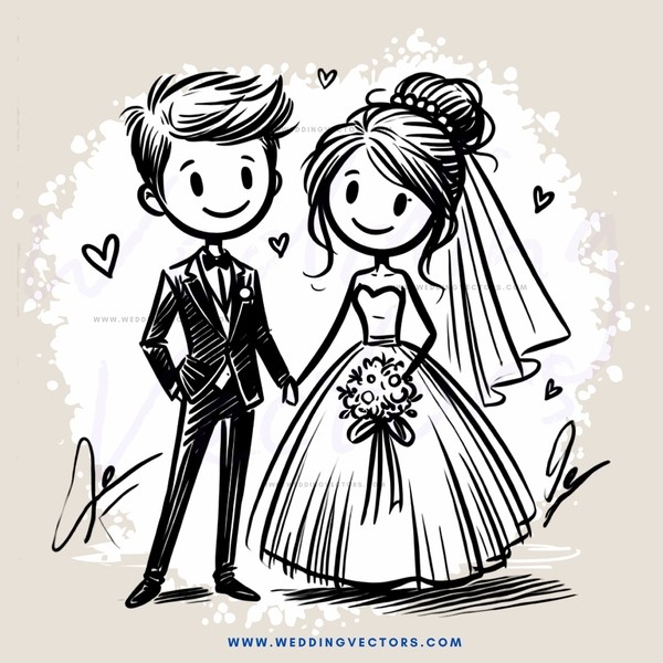 a bride and groom in black and white with hearts around them