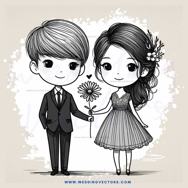 cartoon boy and girl with flowers on head, both hands on daisy