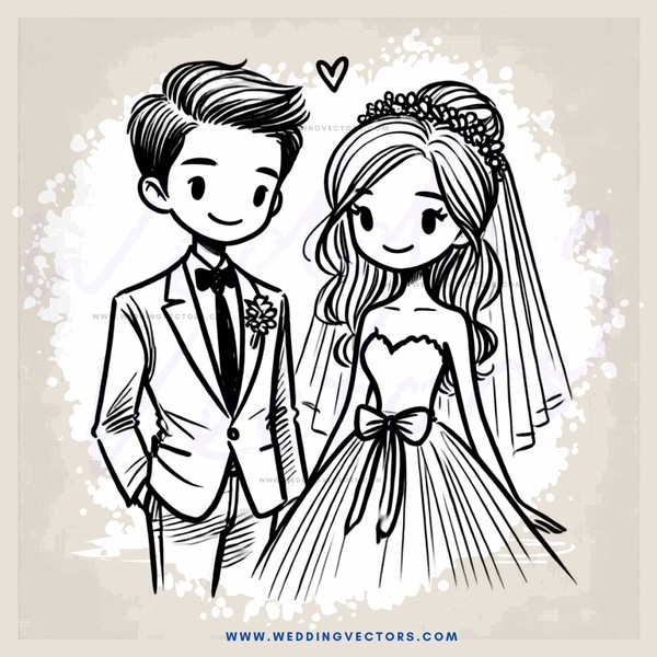 a bride and groom in wedding attire