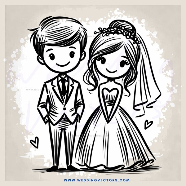 a bride and groom in wedding attire