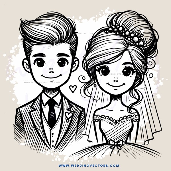 a bride and groom in wedding attire