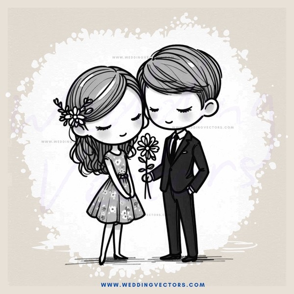 a boy and girl holding hands and flowers