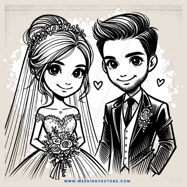 newlywed couple, portrait or illustration