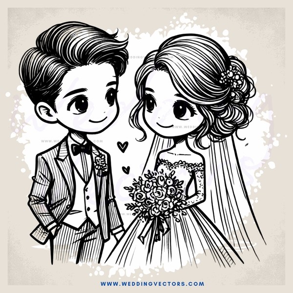 a bride and groom in black and white cartoon style