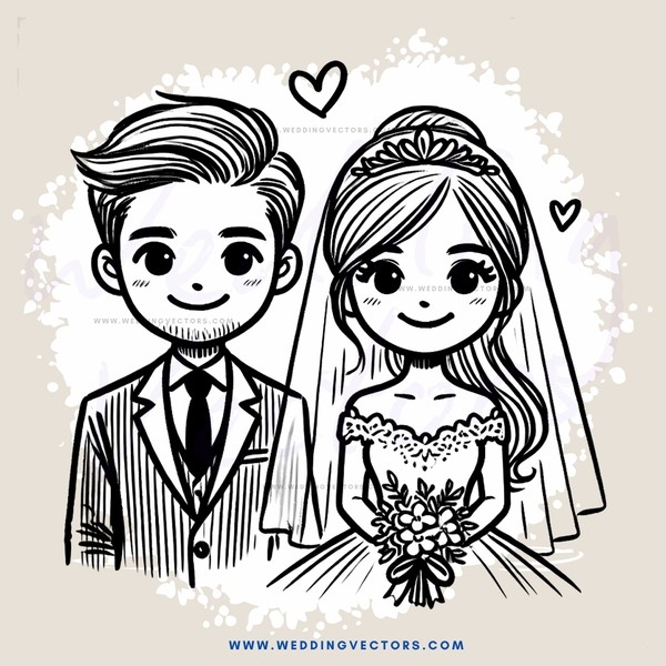 wedding couple in black and white cartoon illustration