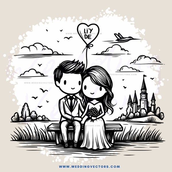 a couple sitting on a bench holding hands and sharing an air bubble