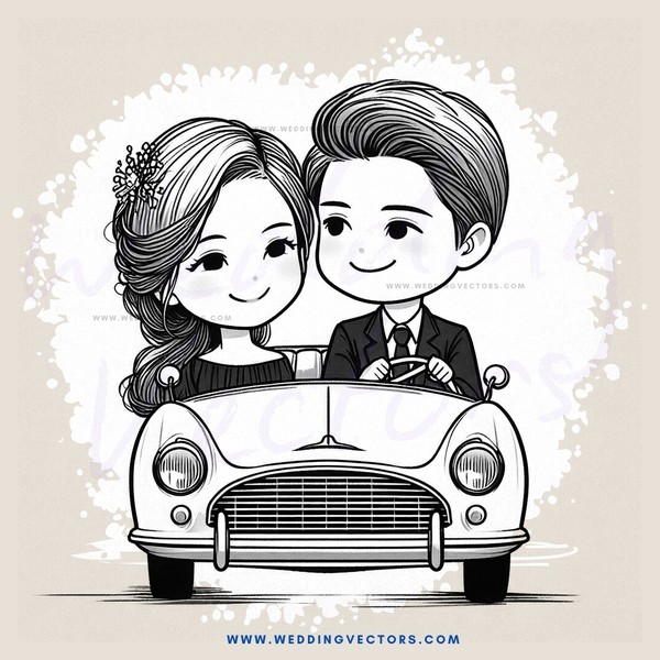 a man and woman in black and white cartoon pose for a picture with an old fashioned car