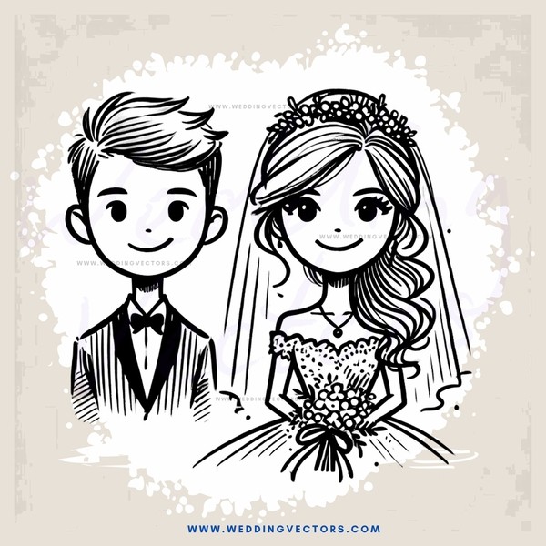 a bride and groom in wedding attire