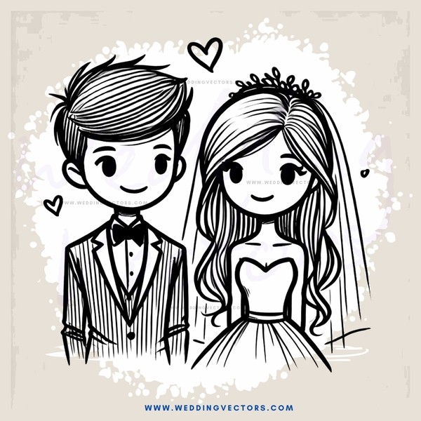 bride and groom in black and white cartoon