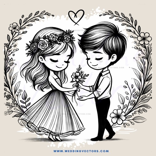 a boy and girl holding flowers