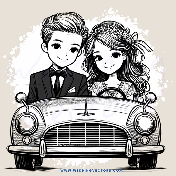 couple posing with car, cartoon style