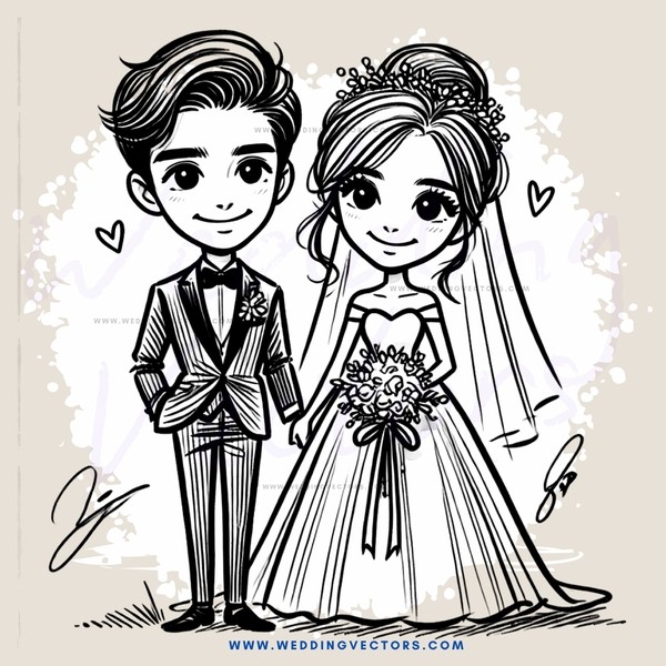 bride and groom in black and white cartoon style wedding picture