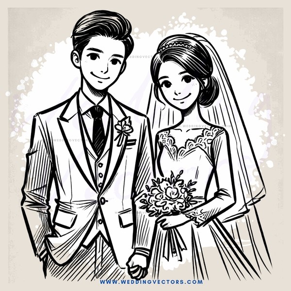a bride and groom holding flowers