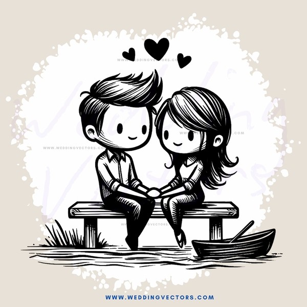 a couple sitting on a bench with hearts and a boat