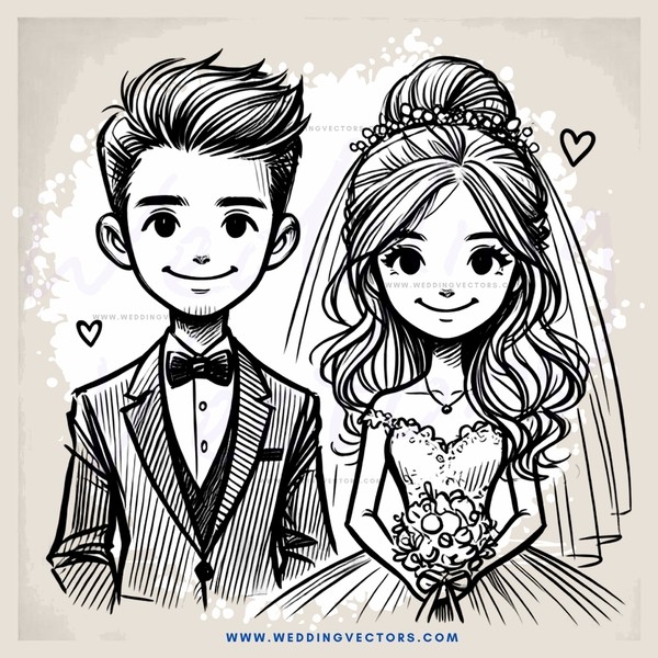 young couple with their wedding outfits