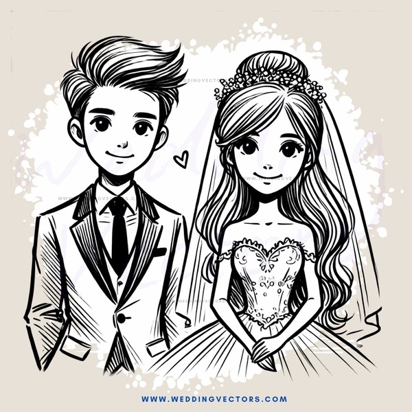 a bride and groom in black and white line drawing