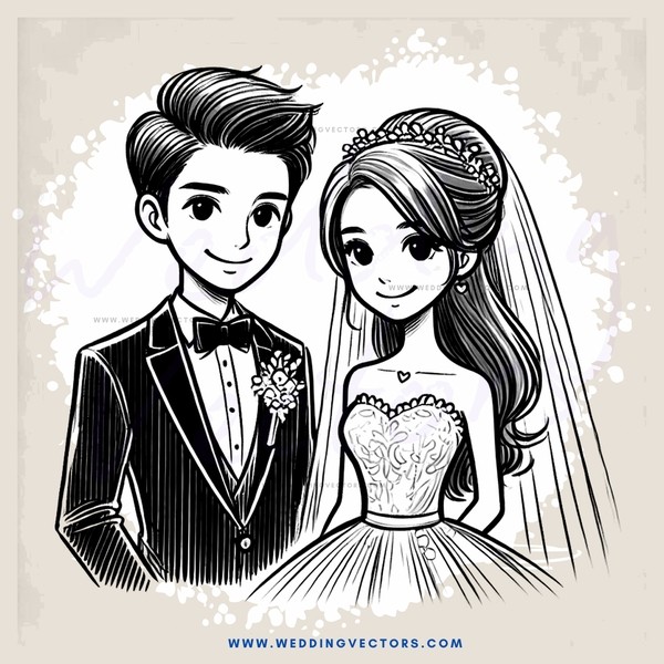 bride and groom portrait black and white drawing