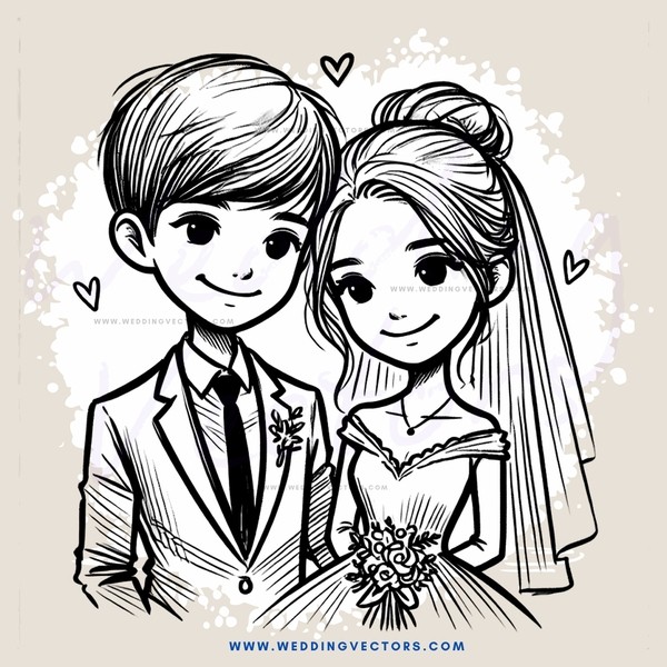 a young couple in wedding attire with hearts and flowers
