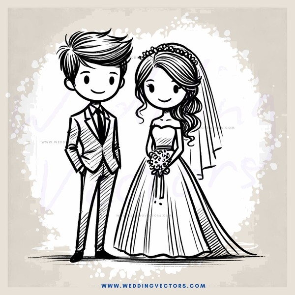 a cartoon picture of a couple on their wedding day