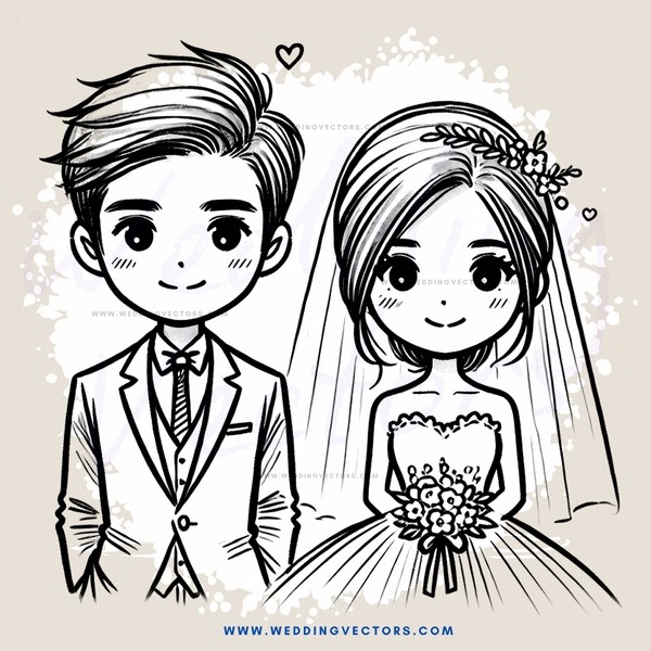 wedding couple illustration in black and white